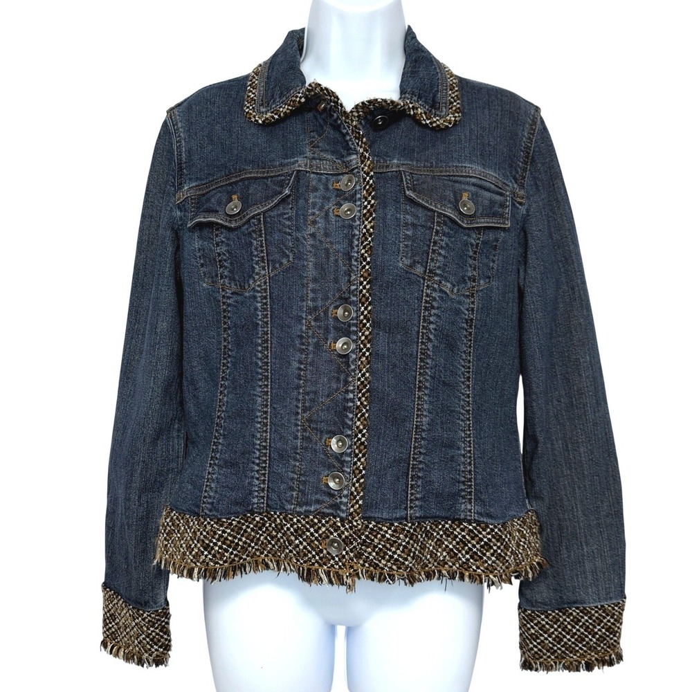 Coldwater Creek Denim Jean Jacket Fringe Tweed Trim Womens 6 Blue Dark Wash